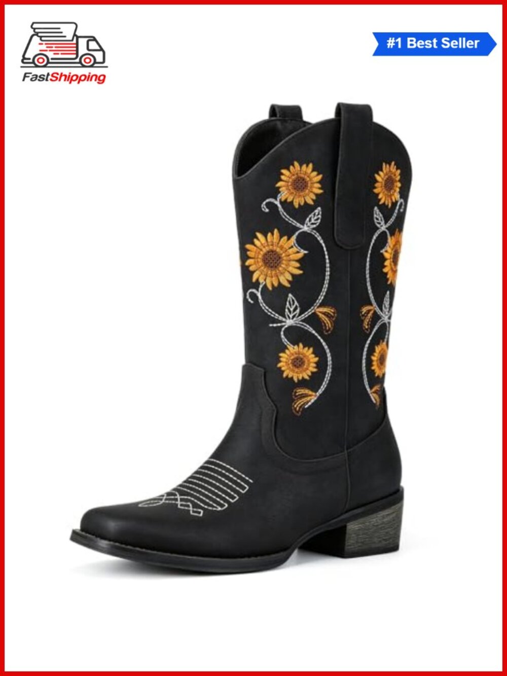 ✨Women's Sunflower Embroidered Cowboy Boots Square Toe Faux Leather Mid Calf